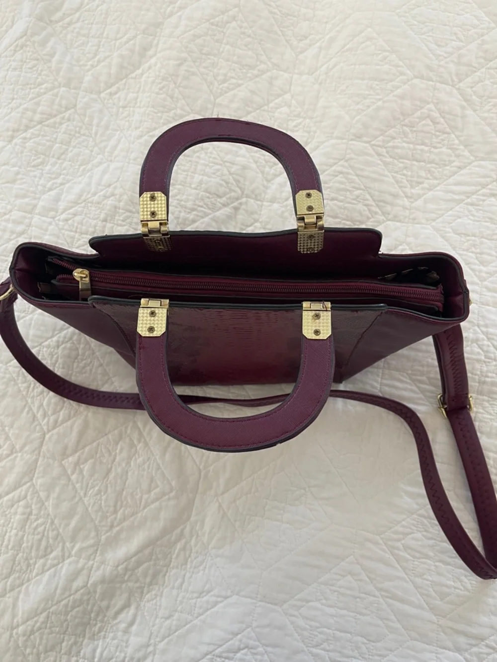 Women's Burgundy Structured Tote with Gold Hardware